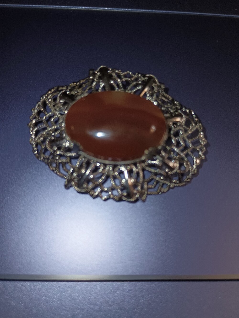 Vintage Silver Tone, Brown Cabochon Brooch